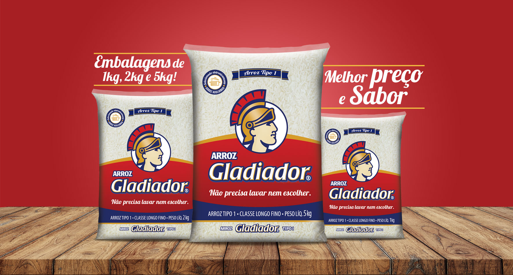 Arroz Gladiador: Melhor preço e sabor, disponível em embalagens de 1kg, 2kg e 5kg!